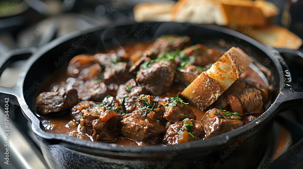 A cast iron pot simmering on a stovetop, filled with a rich carbonnade flamande (beef stew) flavored with Belgian beer, with crusty bread for dipping. A cast iron pot simmering on a stovetop, filled with a rich carbonnade flamande (beef stew) flavored with Belgian beer, with crusty bread for dipping.