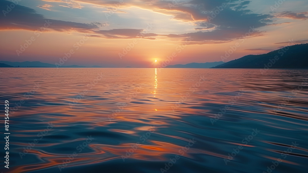 Fototapeta premium Sunset over tranquil water nature beauty revealed, AI Generative