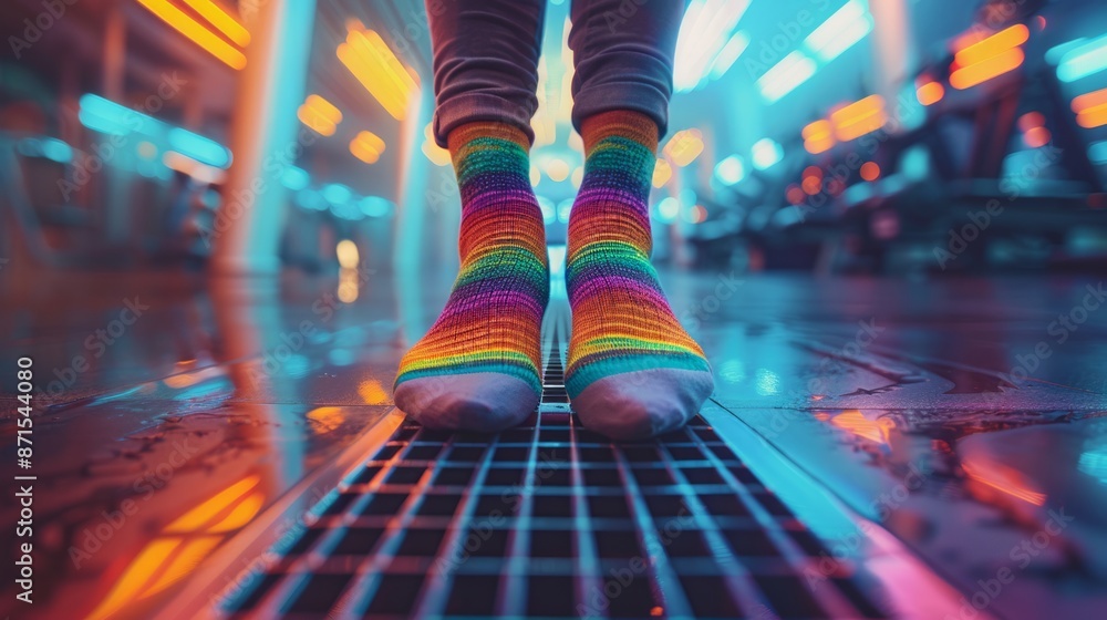 Fototapeta premium Vibrant Rainbow Socks in Futuristic Neon-Lit Environment