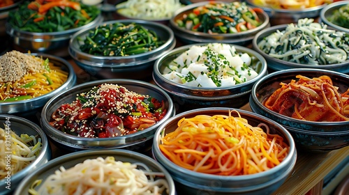 A vibrant assortment of colorful banchan (side dishes) displayed on a table, featuring kimchi, seasoned spinach, marinated bean sprouts, and japchae (glass noodles stir-fried with vegetables). photo