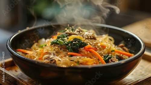 A steaming bowl of japchae (glass noodles stir-fried with vegetables and meat) with vibrantly colored vegetables like carrots, spinach, and mushrooms, topped with sesame seeds. photo