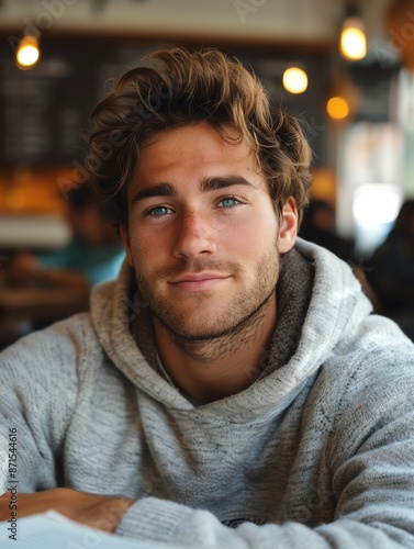 A close-up shot of a young man feeling content while reading in a cafe, capturing detailed skin texture, ample copy space