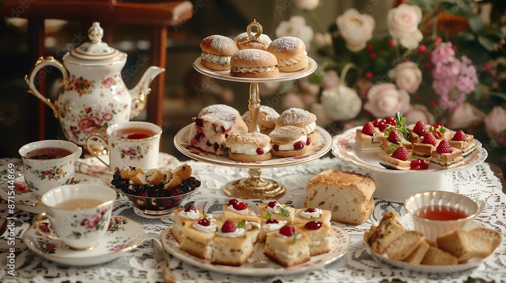 A traditional English afternoon tea setup, featuring an assortment of finger sandwiches, scones with clotted cream and jam, and an array of pastries and cakes. The scene includes a vintage teapot, A traditional English afternoon tea setup, featuring an assortment of finger sandwiches, scones with clotted cream and jam, and an array of pastries and cakes. The scene includes a vintage teapot,