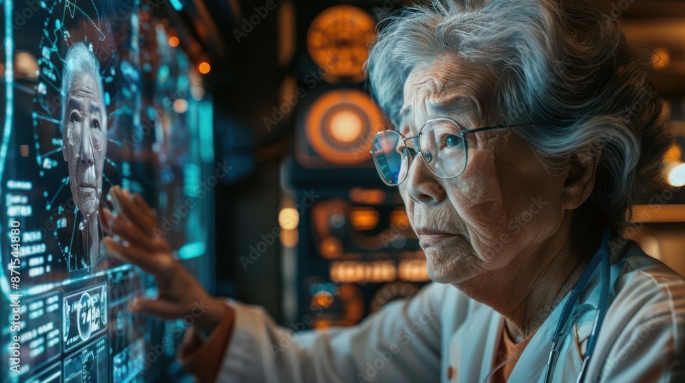 Medical checkup for elderly woman, futuristic setting, holographic monitors, caregiver assisting, steampunk style, intricate details, warm tones, high-tech medical tools Medical checkup for elderly woman, futuristic setting, holographic monitors, caregiver assisting, steampunk style, intricate details, warm tones, high-tech medical tools