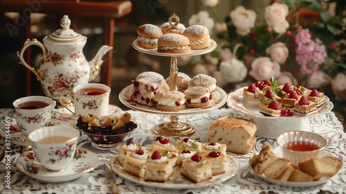 Wallpaper Mural A traditional English afternoon tea setup, featuring an assortment of finger sandwiches, scones with clotted cream and jam, and an array of pastries and cakes. The scene includes a vintage teapot, Torontodigital.ca