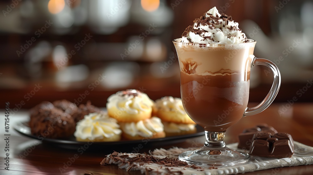 A beautifully arranged table with a glass of Brazilian mocha, a rich blend of espresso, chocolate, and steamed milk, topped with whipped cream and chocolate shavings. The scene includes a plate of A beautifully arranged table with a glass of Brazilian mocha, a rich blend of espresso, chocolate, and steamed milk, topped with whipped cream and chocolate shavings. The scene includes a plate of