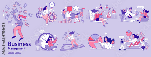 Financing business activities. Set of people in various activities of online business.