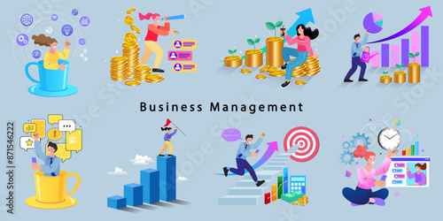 Financing business activities. Set of people in various activities of online business.
