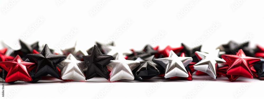 A row of red, white, and black stars against a white backdrop, with a solitary red star at its center A row of red, white, and black stars against a white backdrop, with a solitary red star at its center