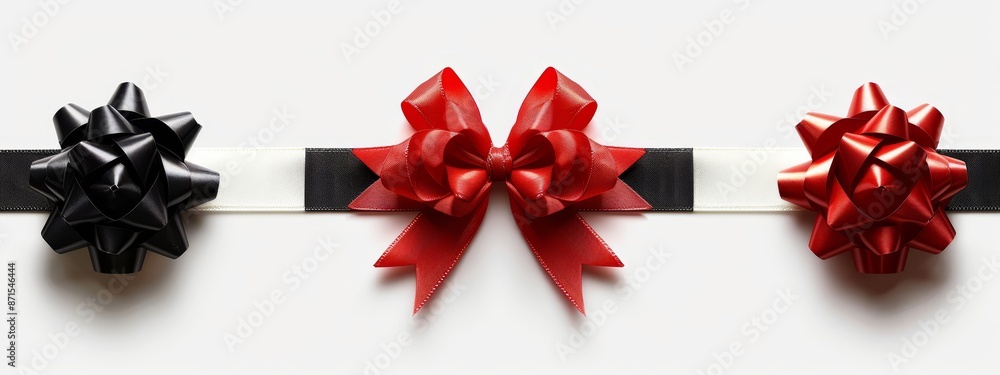 A white ribbon holds a row of alternating black and red bows, with an additional red bow attached to its side A white ribbon holds a row of alternating black and red bows, with an additional red bow attached to its side