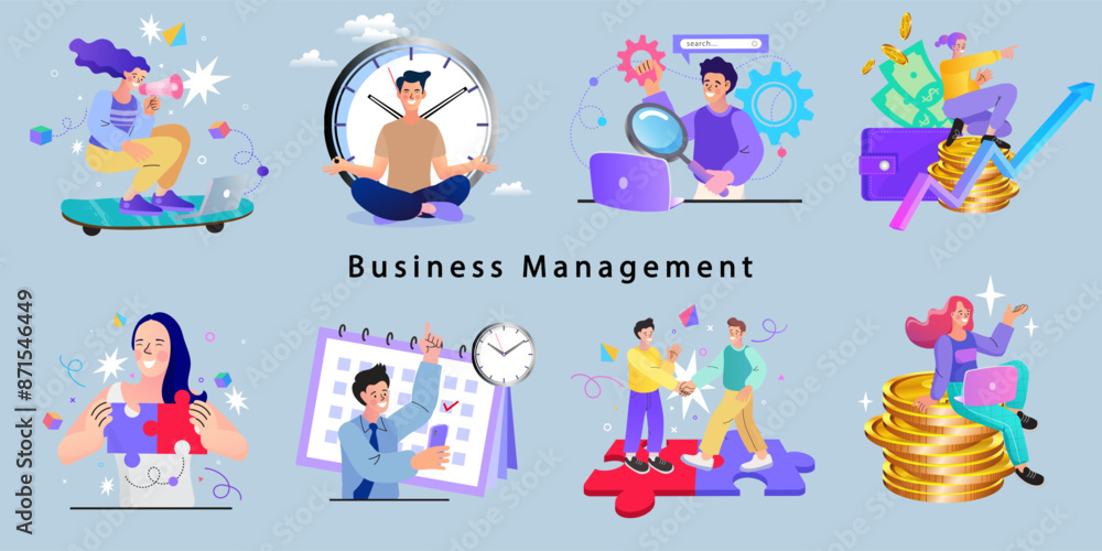 Fototapeta premium Set of business management concept illustrations. A collection of characters in scenes of marketing, financial growth, data analysis, partnership, and time management.