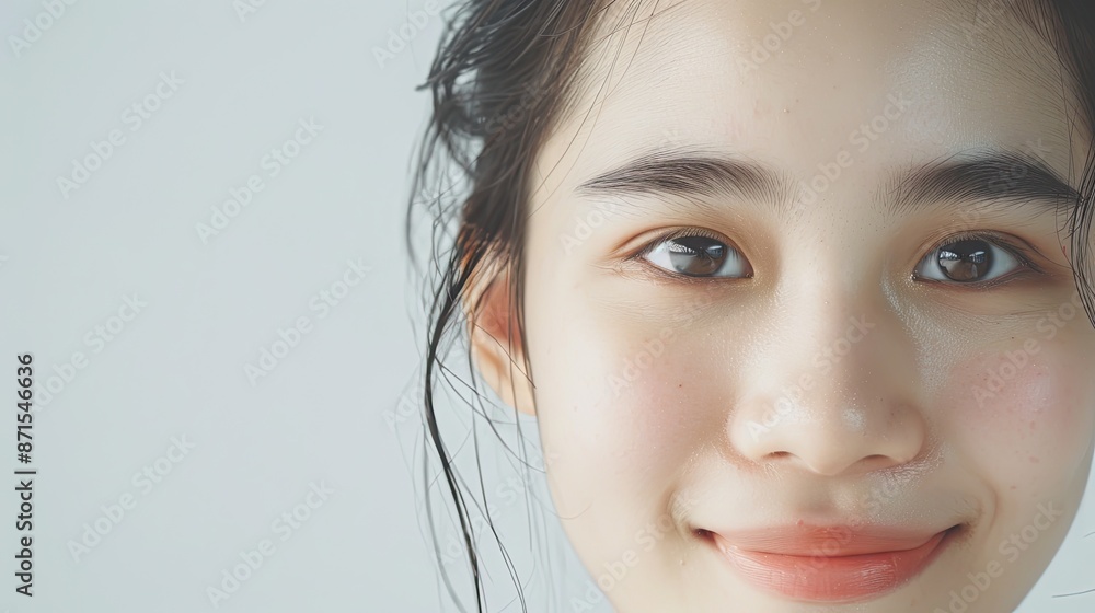 Asian girl face with beautiful skin against white background, with copy space ready, for skin care cosmetics products banner Asian girl face with beautiful skin against white background, with copy space ready, for skin care cosmetics products banner