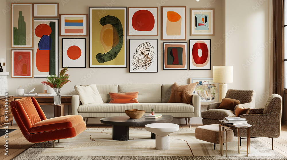A gallery wall filled with an array of eclectic frames, each showcasing a unique abstract art piece. A gallery wall filled with an array of eclectic frames, each showcasing a unique abstract art piece.