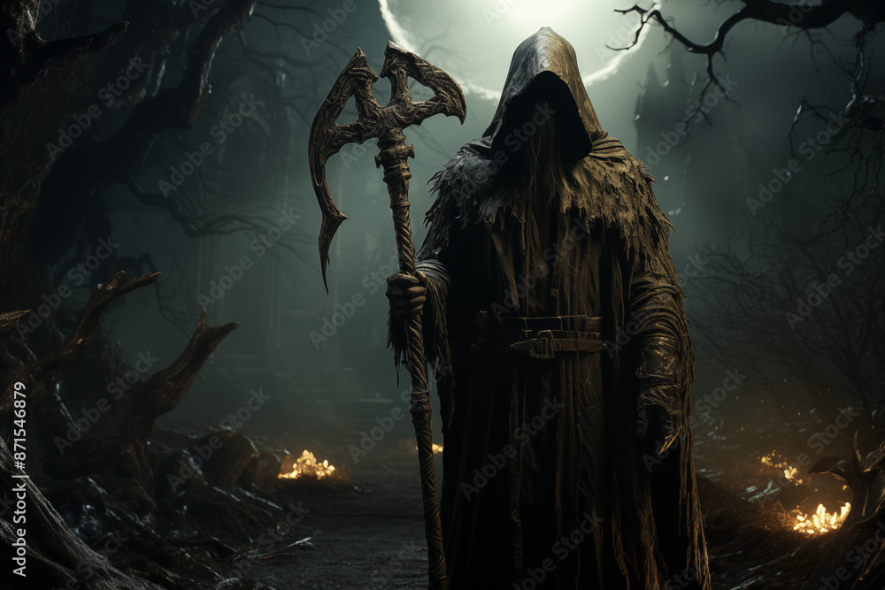 Fototapeta premium A Grim Reaper Standing With A Scythe In A Moonlit Graveyard