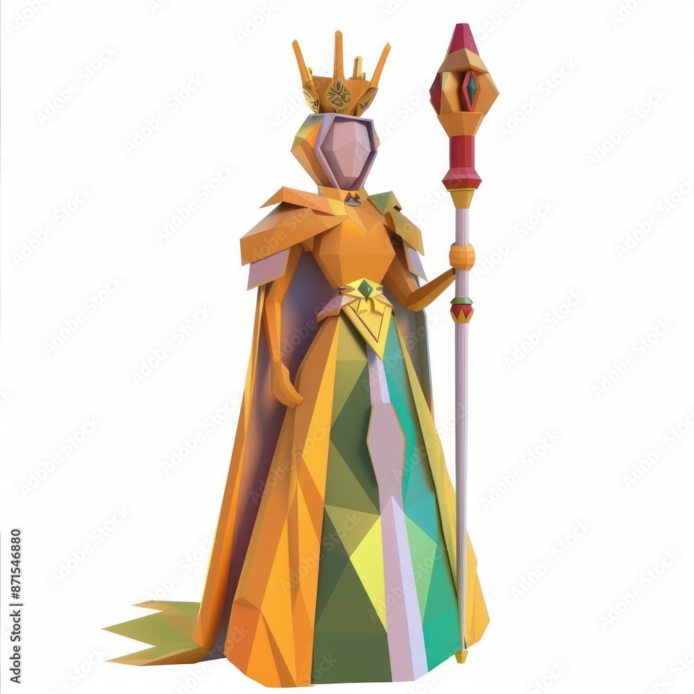 3D Render of a Low Poly regal queen or king with a royal scepter, on isolated white background, Generative AI 3D Render of a Low Poly regal queen or king with a royal scepter, on isolated white background, Generative AI