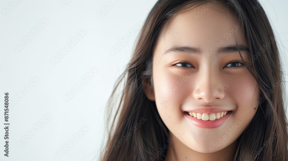 asian woman with beautiful skin and hair on white background, with copy space for banner or cosmetics advertisement asian woman with beautiful skin and hair on white background, with copy space for banner or cosmetics advertisement