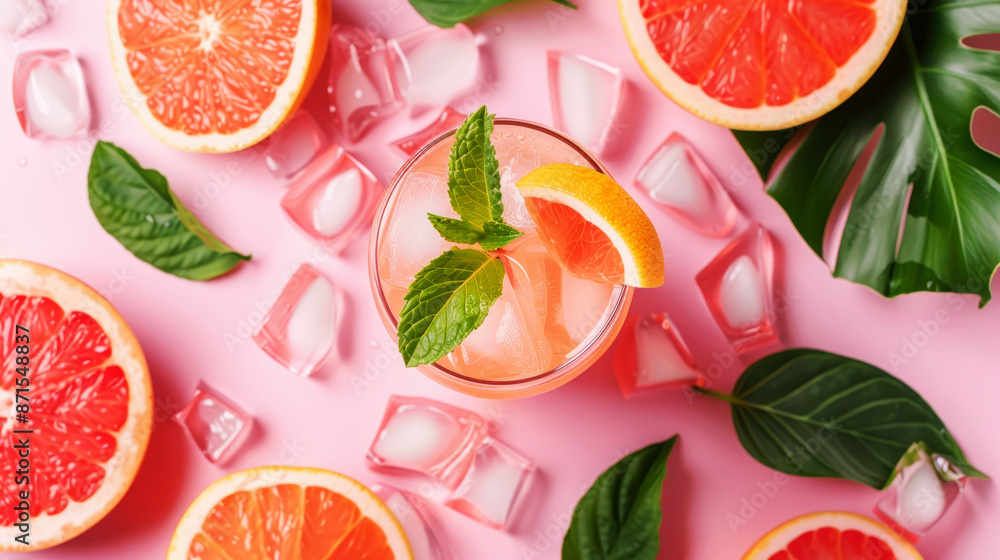 cocktail with ice and mint leaves on a pink background, viewed from above. Fresh grapefruit and lemon slices with geometric shapes and green palm leaves. A summer cocktail concept cocktail with ice and mint leaves on a pink background, viewed from above. Fresh grapefruit and lemon slices with geometric shapes and green palm leaves. A summer cocktail concept