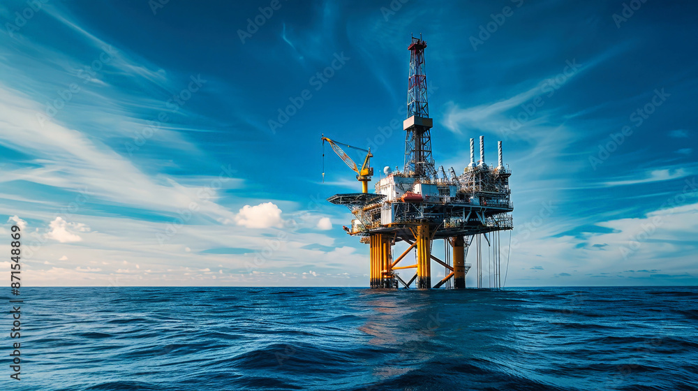 An offshore oil and gas production platform rises from the blue waters ...