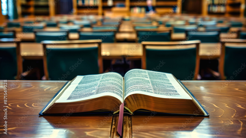 A single open book rests on a wooden table in a library, with rows of desks and chairs blurred in the background A single open book rests on a wooden table in a library, with rows of desks and chairs blurred in the background
