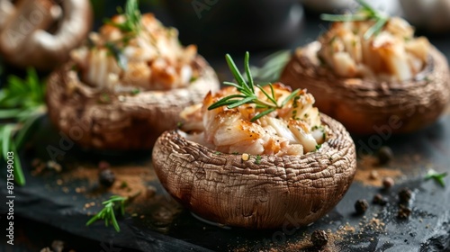 French cuisine. Porcini mushrooms stuffed with crabs. photo