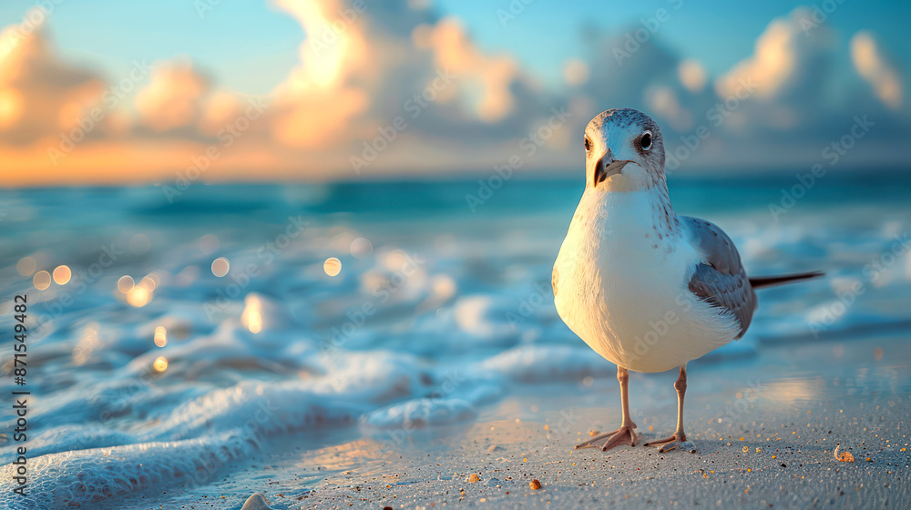 closeup seagull on beach background sunset closeup seagull on beach background sunset