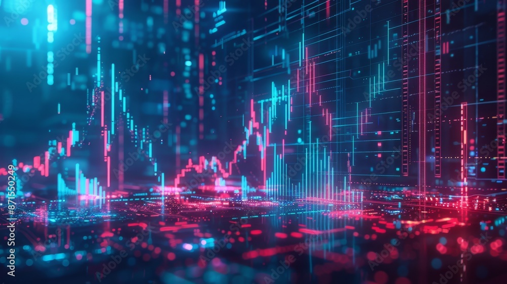 Obraz premium Futuristic Holographic Stock Market Crash in Neon Blue - Digital Art Sci-Fi Illustration Concept