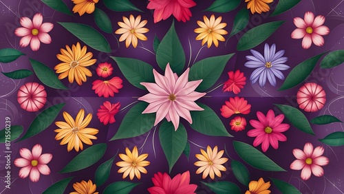 Top view of beautiful flowers with green leaves on violet background