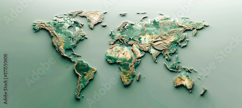 A detailed, textured world map in relief, showcasing the continents and oceans