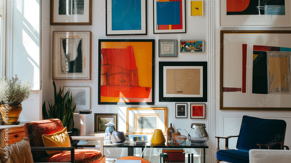 A gallery wall filled with an array of eclectic frames, each showcasing a unique abstract art piece. A gallery wall filled with an array of eclectic frames, each showcasing a unique abstract art piece.