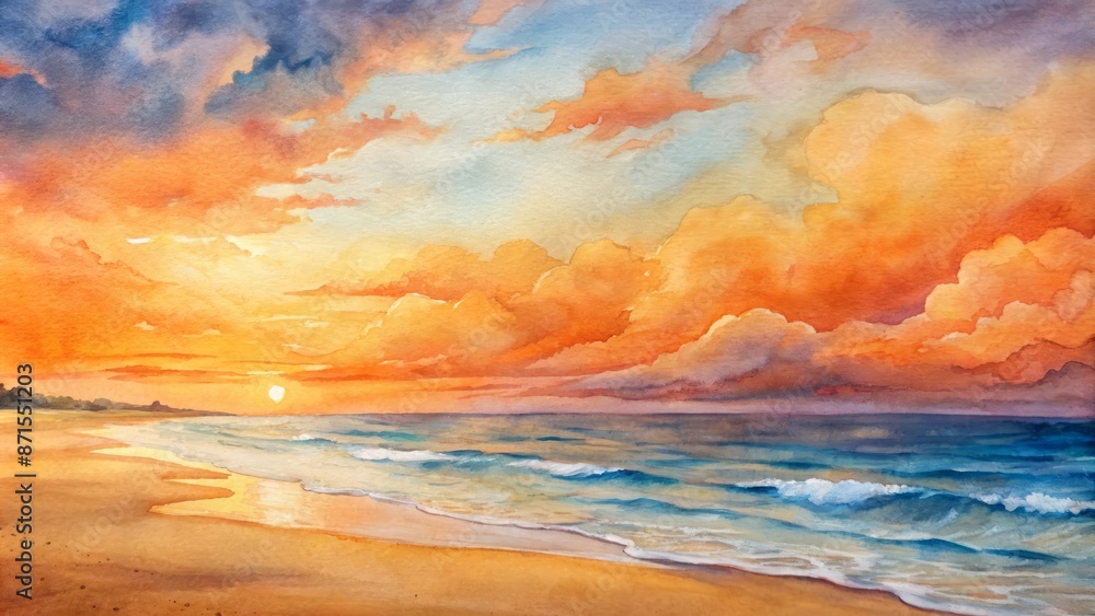 Vibrant orange hues illuminate tranquil beach scene with gentle waves caressing shore, beneath breathtaking cloud-speckled sky, inviting contemplation. Vibrant orange hues illuminate tranquil beach scene with gentle waves caressing shore, beneath breathtaking cloud-speckled sky, inviting contemplation.