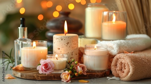 Arrangement of candles and beauty items