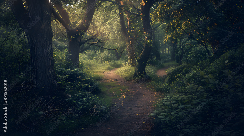 A dark forest with a winding road A dark forest with a winding road