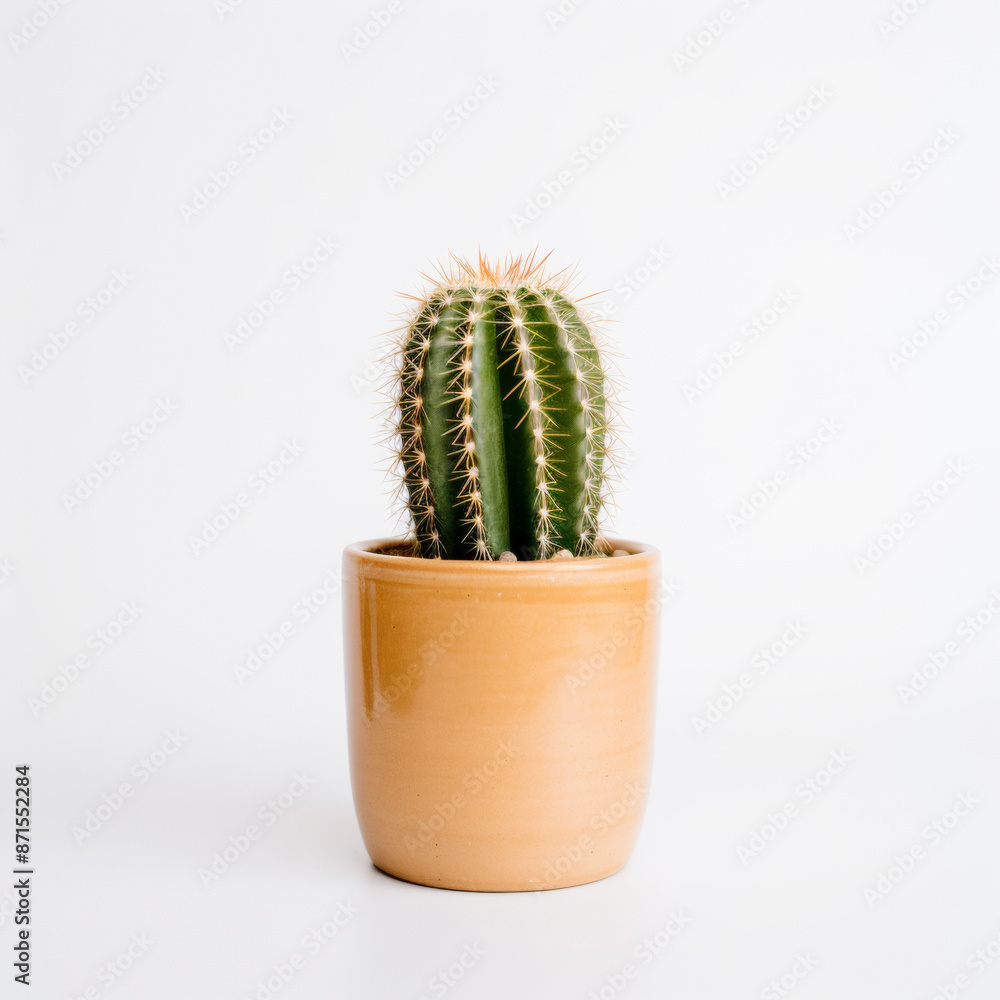 Small green cactus growing in a terracotta pot on a white background Small green cactus growing in a terracotta pot on a white background