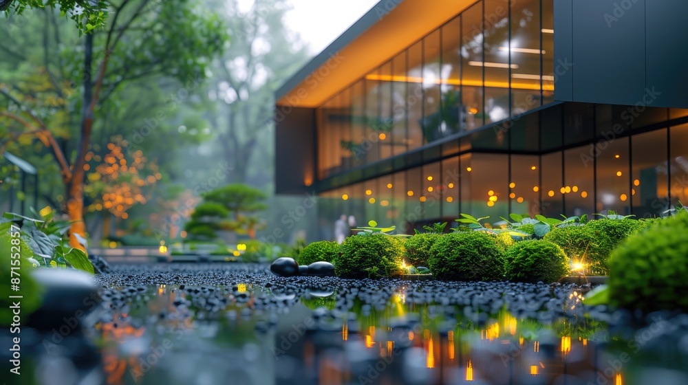 Fototapeta premium A serene scene of a modern office building with a blurred background of people and green trees