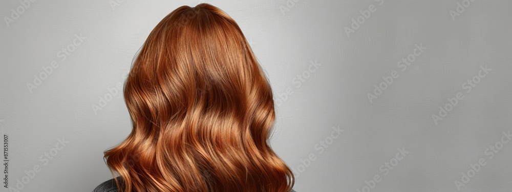Long, shiny red hair of a woman at the back, against a gray wall Long, shiny red hair of a woman at the back, against a gray wall