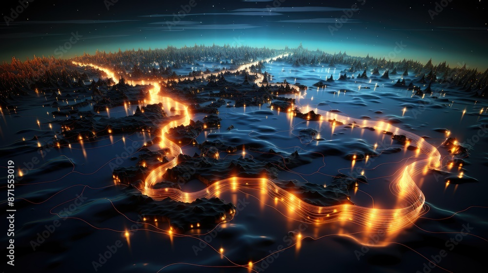 Glowing data streams in darkness Glowing data streams in darkness