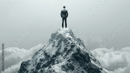 Man Standing Atop a Snow-Covered Mountain Peak, Surrounded by Clouds