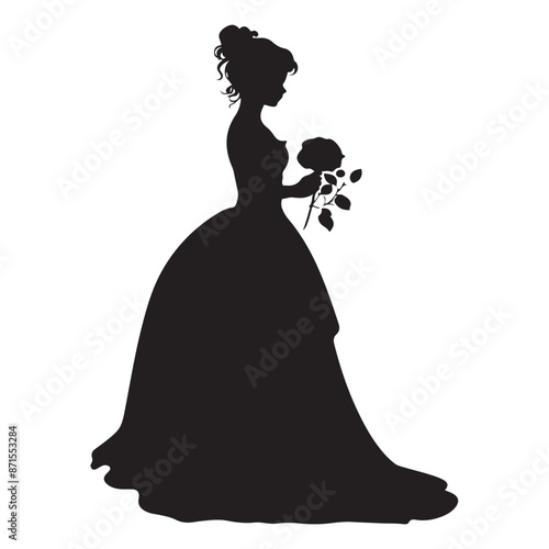 princess in long lush dress holding a rose silhouette white background
