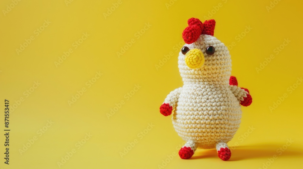 Amigurumi Chicken Toy on Yellow Background crafted with Cotton Yarn Craft Art Photography Concept Amigurumi Chicken Toy on Yellow Background crafted with Cotton Yarn Craft Art Photography Concept