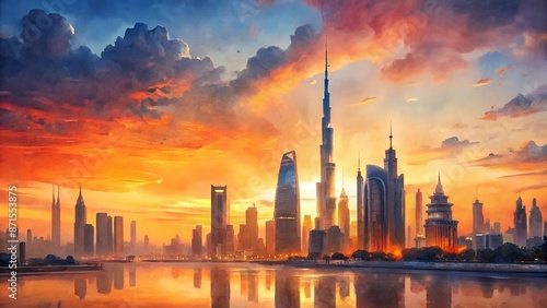 Vibrant orange hues illuminate majestic skyscrapers amidst tranquil waters in Dubai and Kuala Lumpur's breathtaking cityscapes at serene sunset moments.