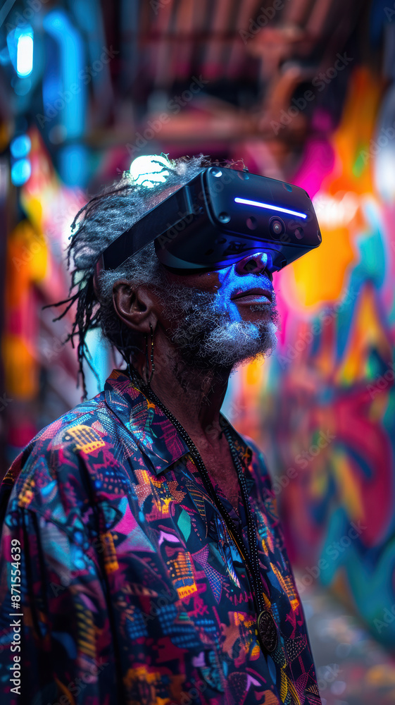 Obraz premium Elderly Man in VR Glasses in Neon Digital World.