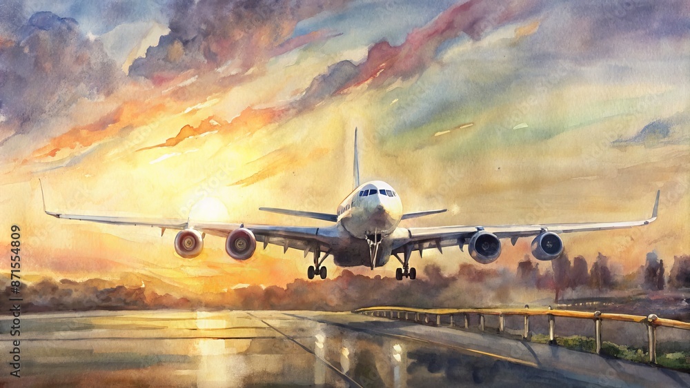 Obraz premium Large commercial airliner prepares for departure, landing gear extended, roaring to life on airport runway at golden hour.