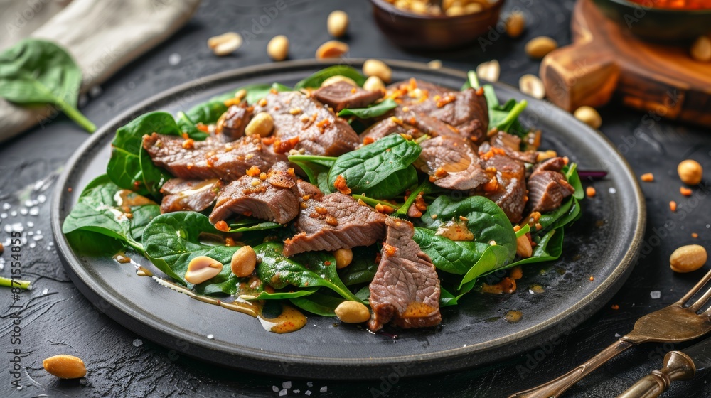 French cuisine. Liver salad with spinach and peanuts. French cuisine. Liver salad with spinach and peanuts.