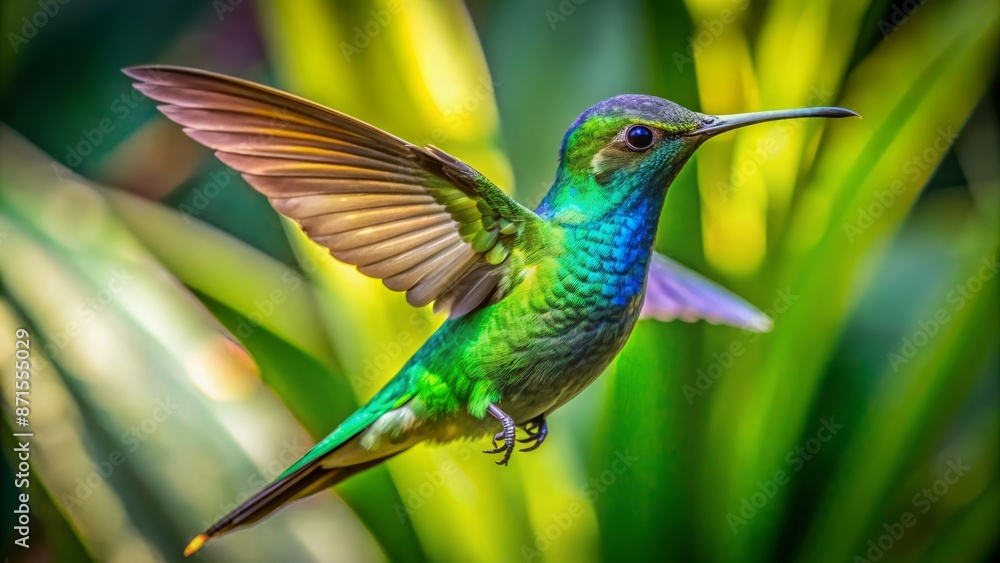 Vibrant green tropical foliage serves as a backdrop for a mid-air hummingbird, its iridescent feathers gleaming as it rapidly flaps its wings. Vibrant green tropical foliage serves as a backdrop for a mid-air hummingbird, its iridescent feathers gleaming as it rapidly flaps its wings.