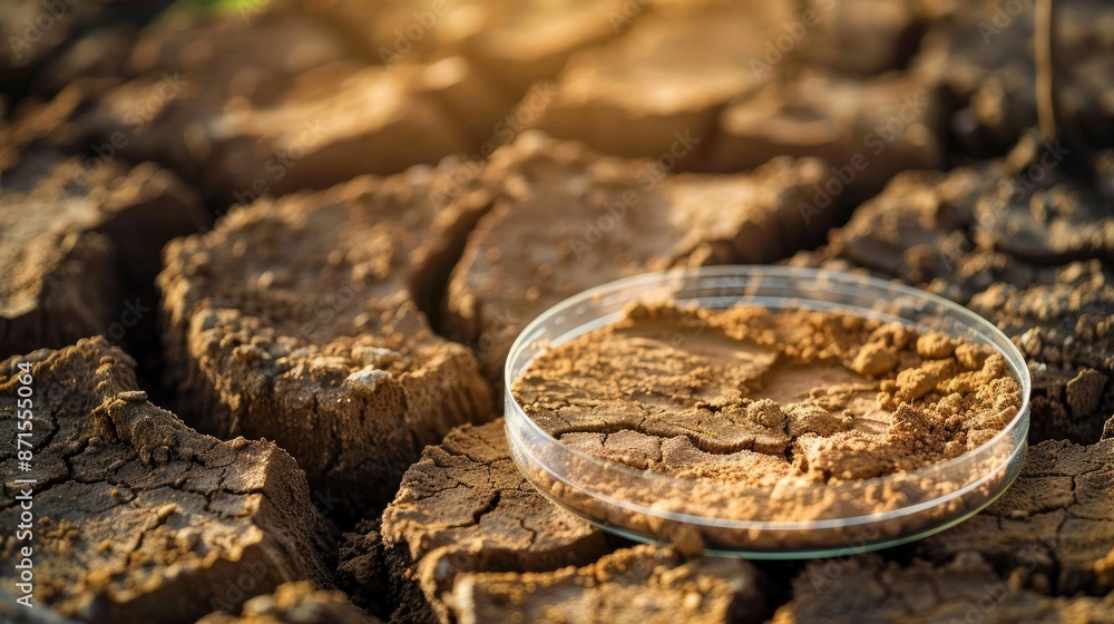 Close up of arid soil in a petri dish for scientific research or education with empty space Close up of arid soil in a petri dish for scientific research or education with empty space