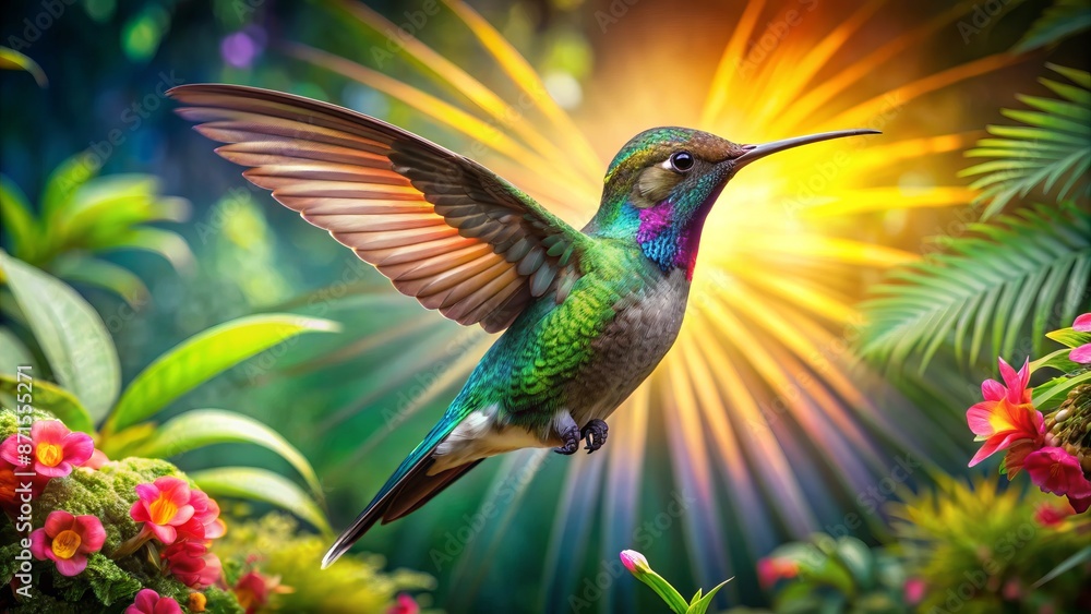 Obraz premium Vibrant hummingbird in mid-flight, iridescent feathers glistening, amidst lush tropical foliage and exotic flowers in warm sunlight atmosphere.