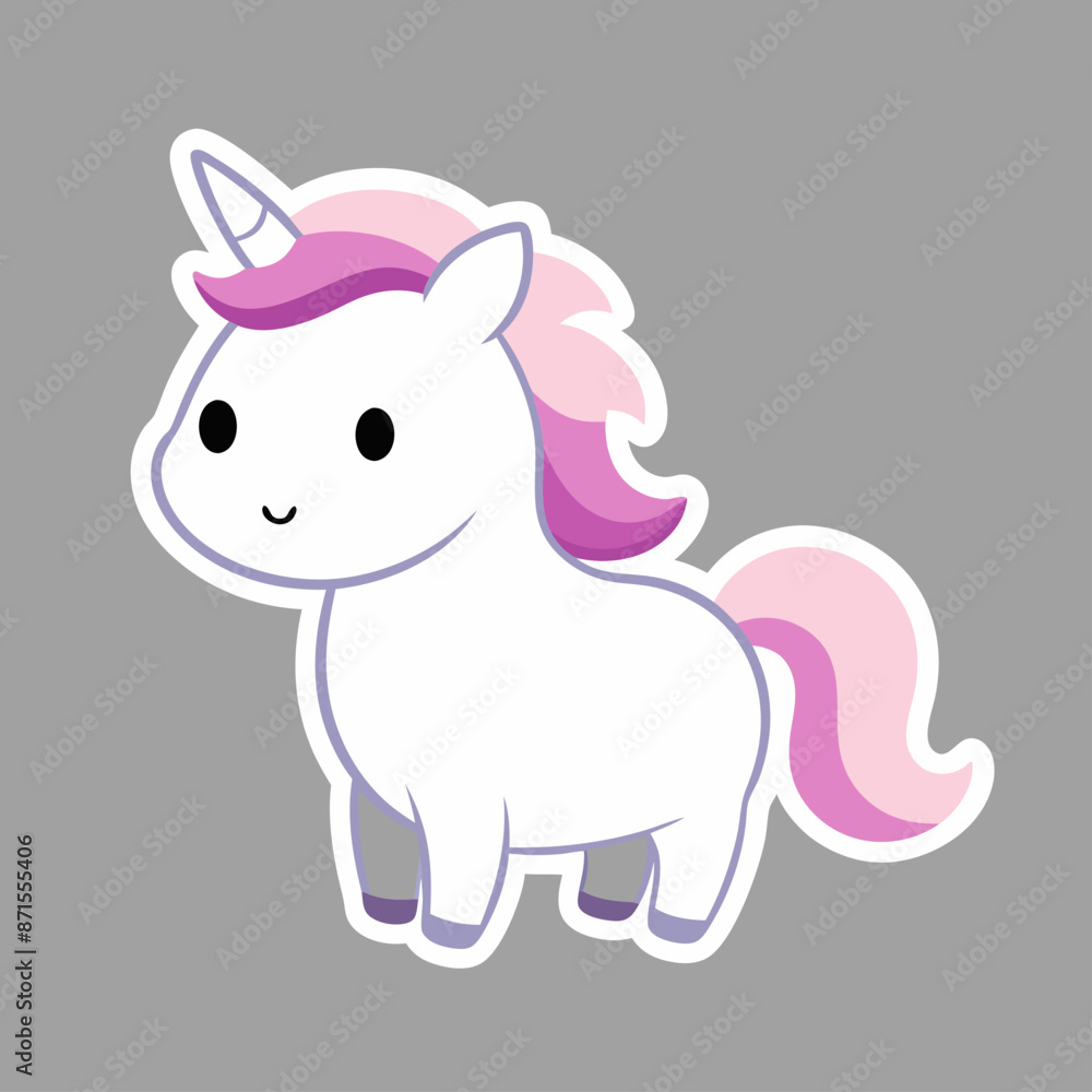Fototapeta premium A white unicorn with a pink mane on a gray background
