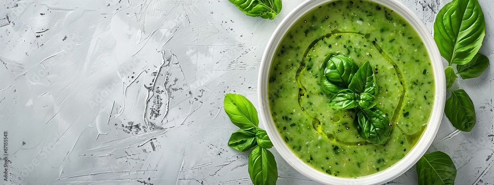 Obraz premium A white bowl holds green pesto, garnished with fresh basil leaves atop a pristine surface