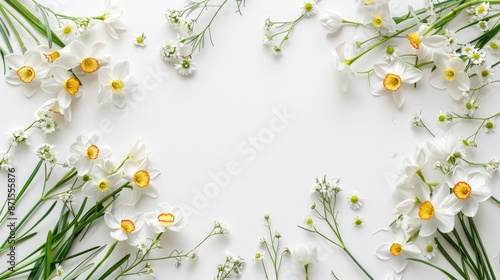 Fresh narcissus and shepherd s purse floral border on white background Top down view photo