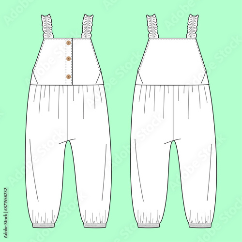 Girls button down dungarees fashion flat sketch vector.  